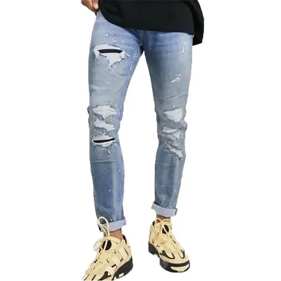 Topman Topshop Distressed Skinny Jeans Paint Splatter In Vintage Blue 30 x 32
          
      NWT