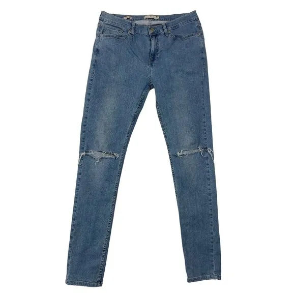 TopMan Spray On Skinny Jeans Mens 34R Blue Distressed Stretch Medium Wash Denim