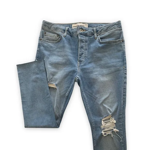 Topman Mens Stretch Skinny Distressed Light Blue Wash Cropped Ankle Jeans 34x30