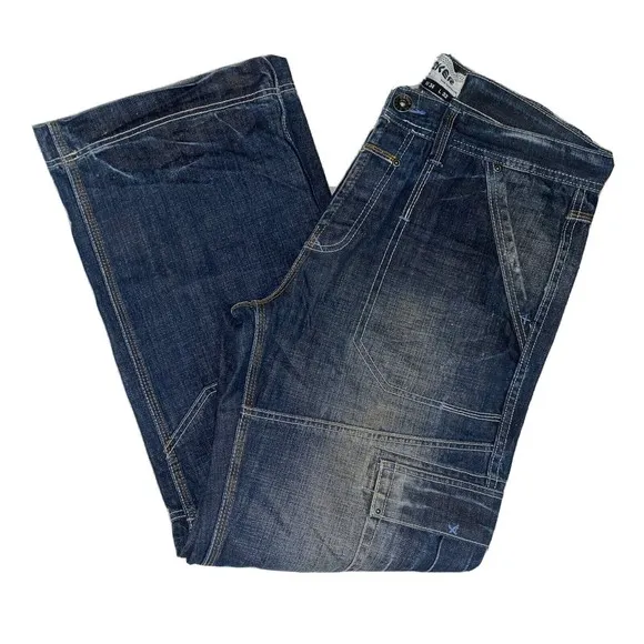 TOPMAN Worker Moto Blue Denim Button Fly Distressed Jeans Actual Size W37 L32