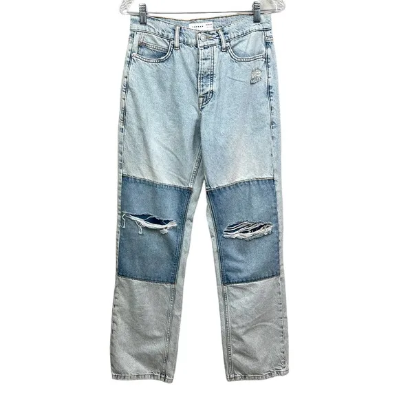 Topman Jeans Straight Leg Distressed Patch Button Fly Two Tone Blue Men 38x32
          
      Boutique