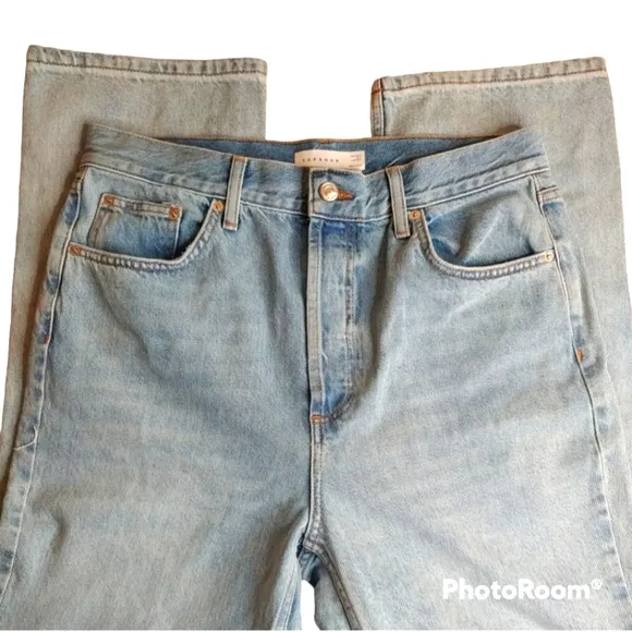 New Top Shop Moto Distressed Button Fly High Rise Jeans Blue Wash Denim 34x30