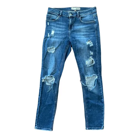 Topshop Moto Blue Mid Rise Distressed Skinny Jeans