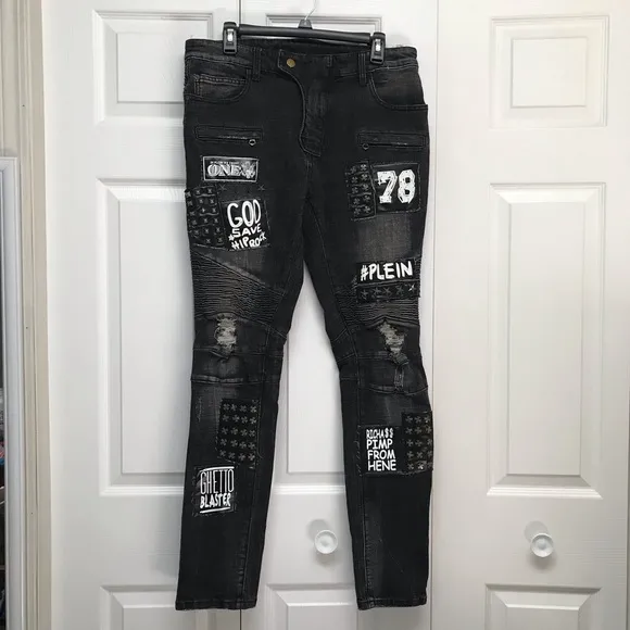 Mens patched up rock n roll studded distressed bootcut jeans