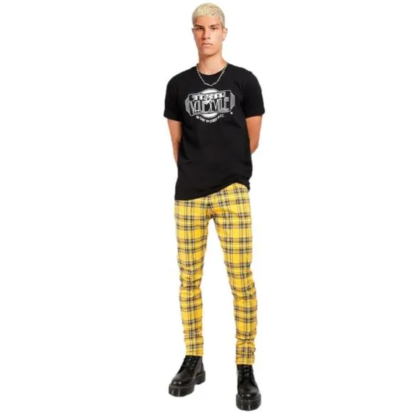 TRIPP NYC DAANG GOODMAN Yellow Plaid T-back Jeans Rocker Pants Size 28
