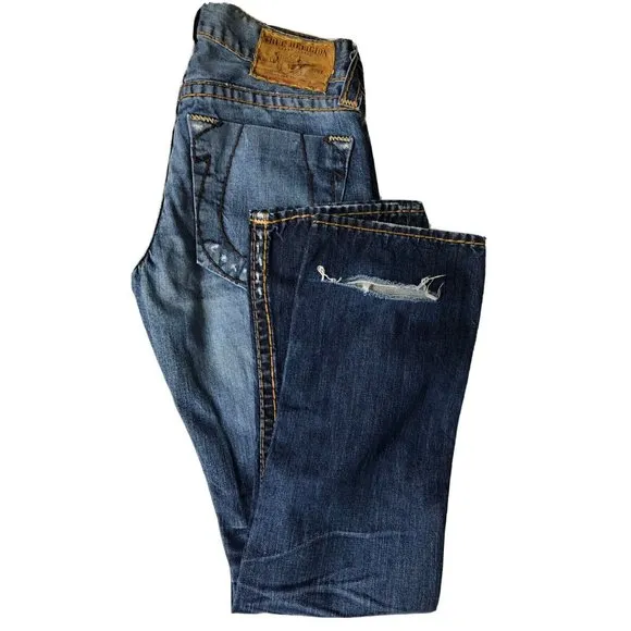 True Religion World Tour Bobby Super T Men29x34 Denim Jean Straight Thick Stitch
