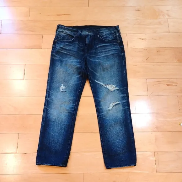 True Religion Denim Men's Rocco Relaxed Skinny Distressed Blue Jeans Size 33x29