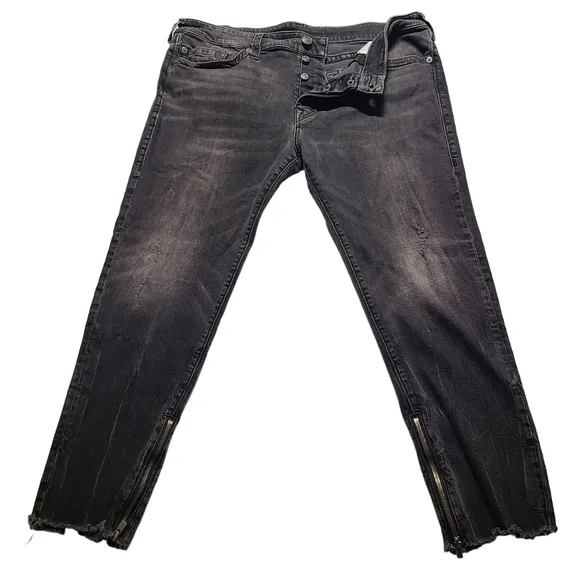 True Religion Men's Distressed Finn Pants Size 40x27 Ankle Zip Slim Tapered Fray