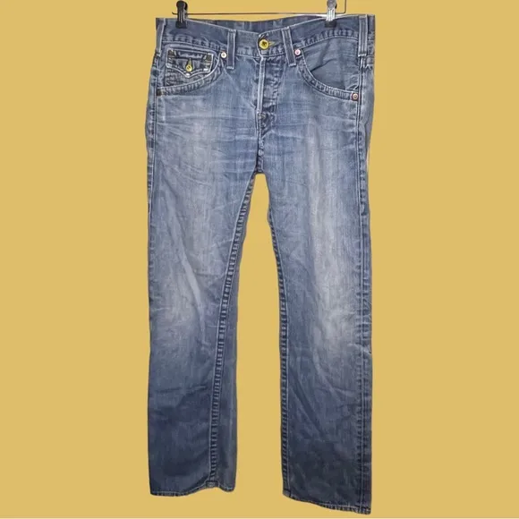 Vintage True Religion Yellow Buttons Button fly Bootcut Leather Tag Jeans Sz 33