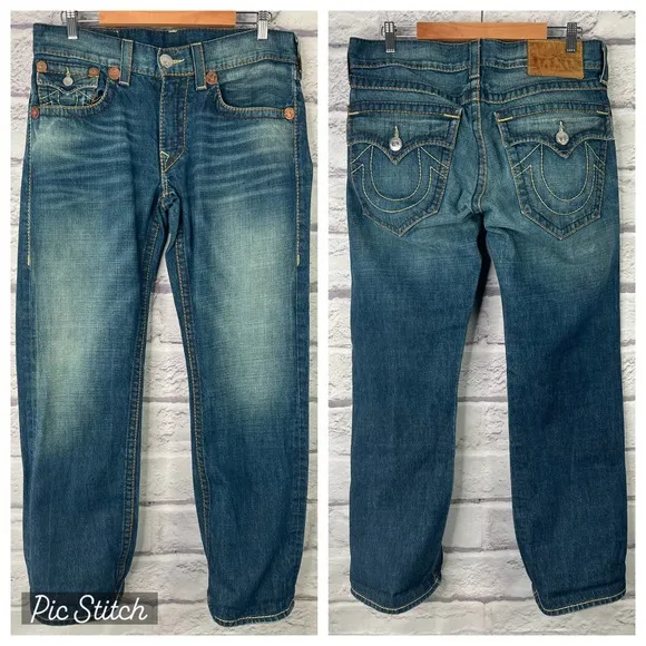 TRUE RELIGION Mens 34 x 32 858 Billy Big T Flap Pocket Blue Denim Straight Jeans