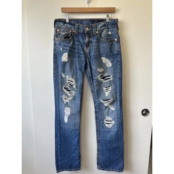 True Religion Jeans Mens Size 30 Straight Big T Red Brt Distressed Size 30