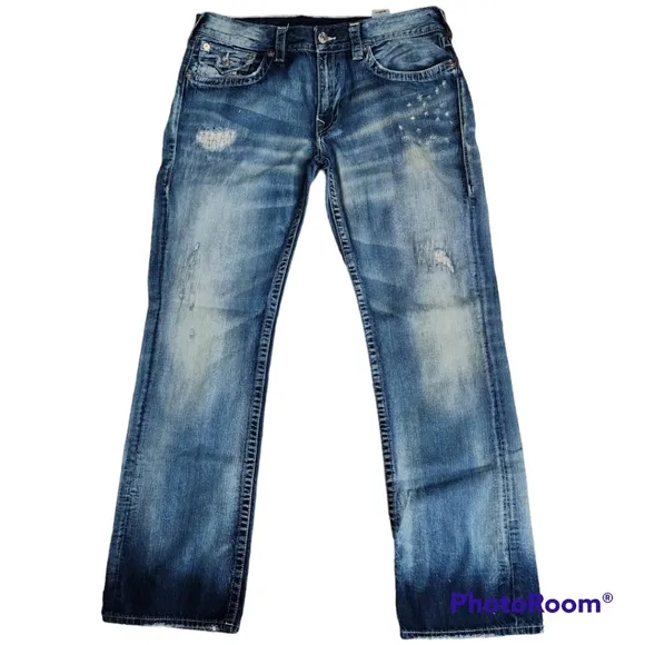 True Religion Men's Straight Jeans w/ Flap Pockets factory distressing sz 36