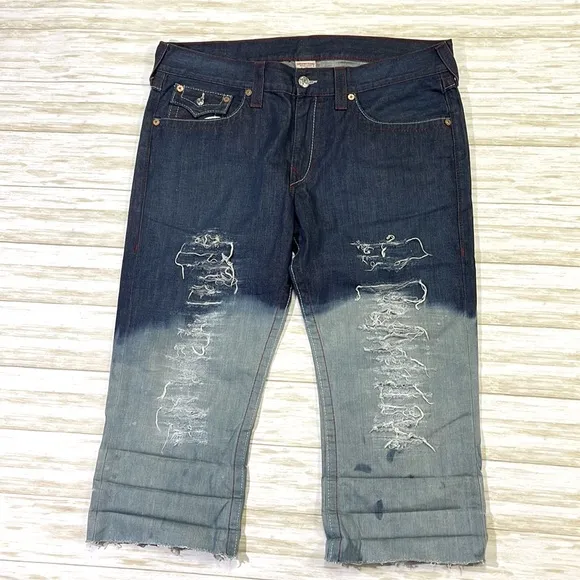 True Religion mens 38 straight fit blue designer flood pant denim jeans EUC