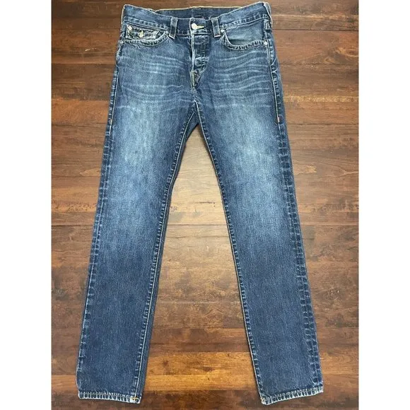 True Religion Mens Rocco Relaxed Skinny Flap Jeans Size 33 Button Fly Dark Sand