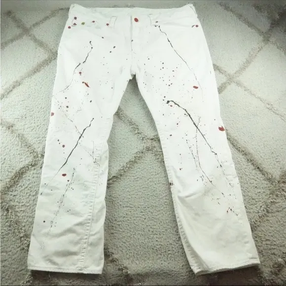 True Religion Straight Fit Jeans Mens 44x32  White Red Paint Splatter Distressed