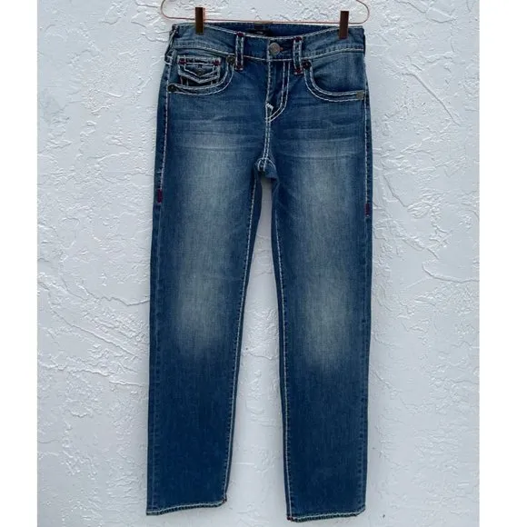 True Religion Mens Ricky Relaxed Straight Super T Flap Denim Pants Blue Sz 25