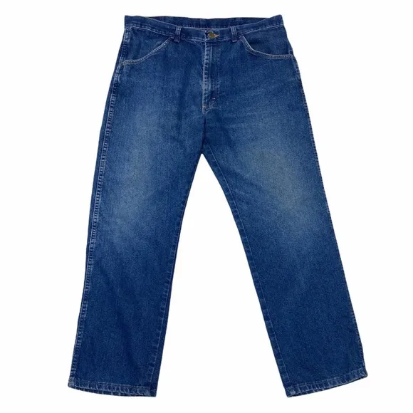 Men's Faded Dark Wash Blue Denim Straight Leg Relaxed Jeans