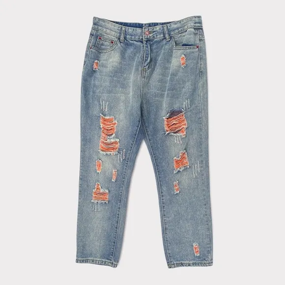 Distressed Orange Detail Straight Leg Light Wash Jeans 31