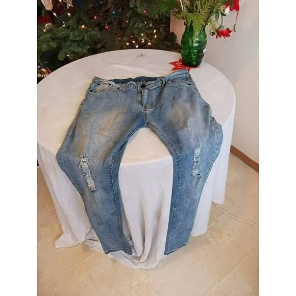 Unknown brand stretch 36x31 blue denim distressed jeans unisex