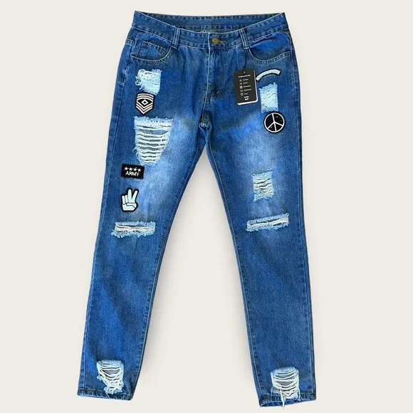 Slim Fit Jeans Mens Waist 32 Inches Stretch Distressed Y2K Patched Jogger Pant
          
      NWT