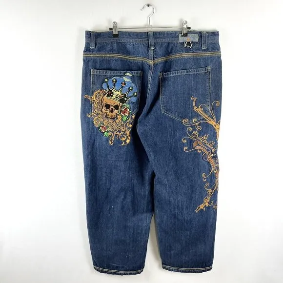 Vtg Blue Baggy Jeans 40x29 42x32 Skater Hip Hop Grunge Embroidered Skull Crown