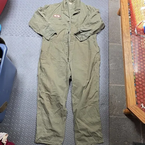 Vtg Herringbone Donut Button Sanforized HBT Work Wear Coveralls 50s Overall Suit