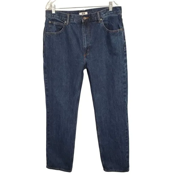 Uniqlo Mens Size 32 x 32 Jeans Dark Wash Straight Leg Denim 100% Cotton Blue