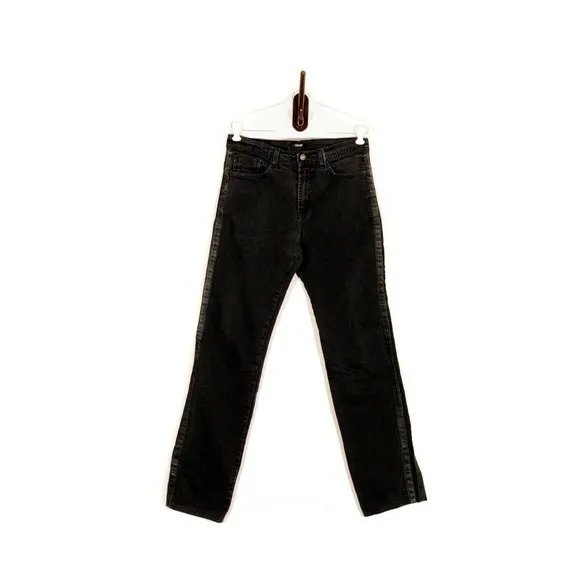 Versace Jeans Couture Vintage 90s Logo Leather Trim Stripes Black Dark Denim 33