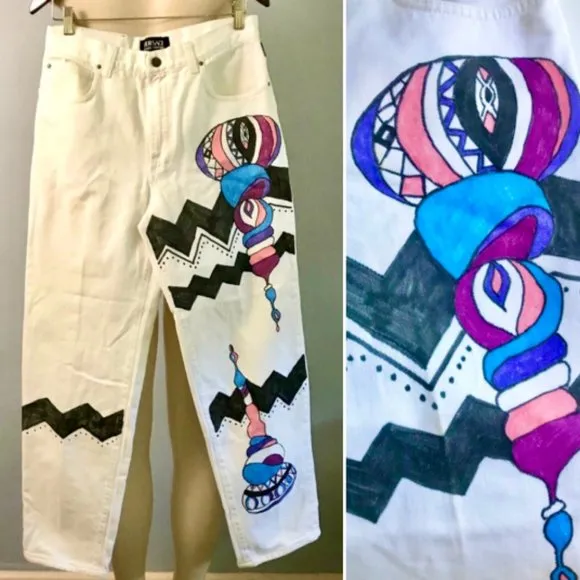 RARE Vtg Versace Jeans Couture White Jeans Hand Painted Customized Size 34 48