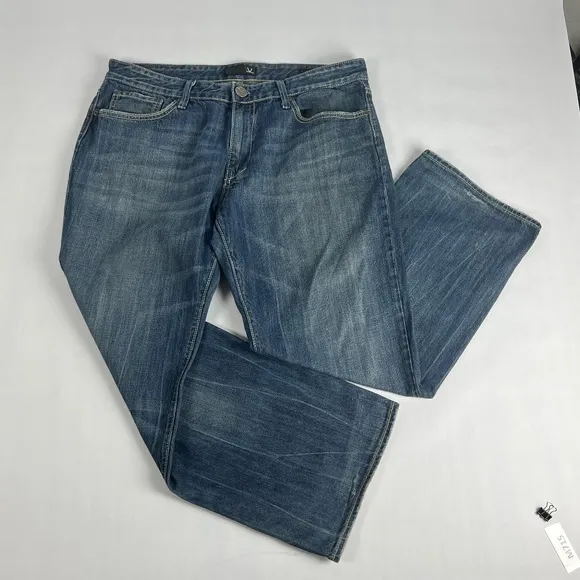 Vigoss Jeans Mens 40 Blue Straight Leg Med Wash Whiskers Flap Pockets (37 x 29.5