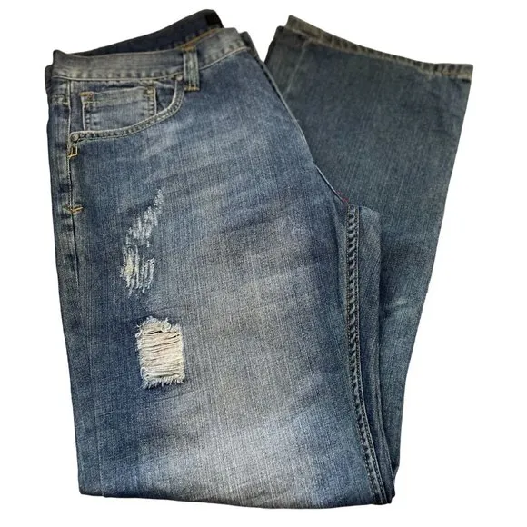 Vigoss USA Jeans Mens Size 38x33 High Waist Blue Medium Wash Destroyed Ripped