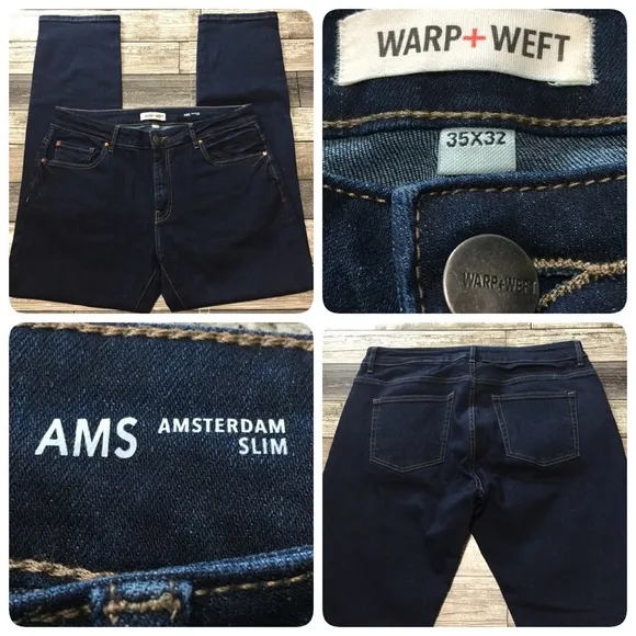 Warp+Weft AMS Amsterdam Slim Jeans Men’s 35x32 Dark Wash Blue Stretch
