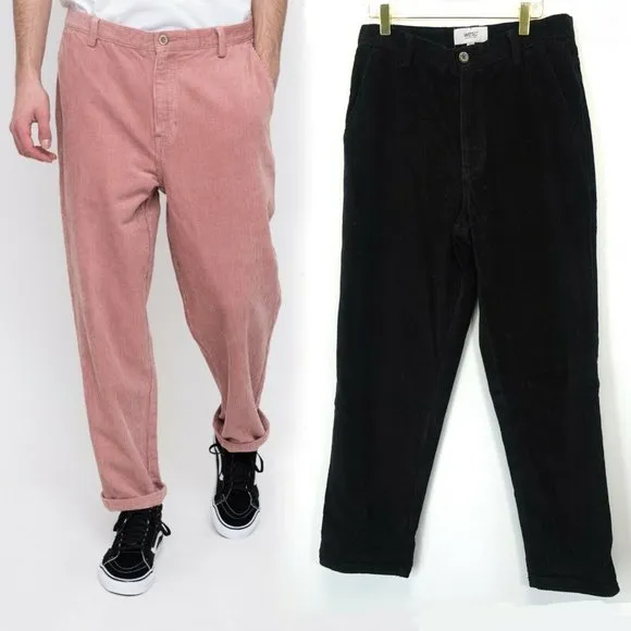WESC Unisex Black Corduroy Trouser Pants SMALL MEDIUM Straight High Rise Relaxed