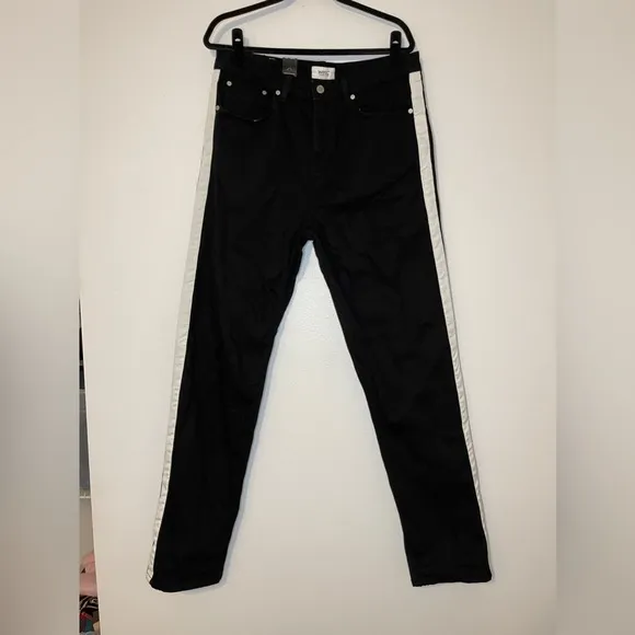 NWT WeSC Mens Pants Sz 33”34” Black White Bob Stripe Straight Leg 5 Pocket Denim
          
      NWT