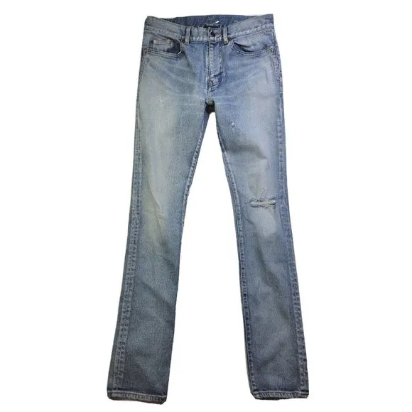 SAINT LAURENT Paris Men 30 Light Wash Jean Factory Distressed Stretch 34" D02