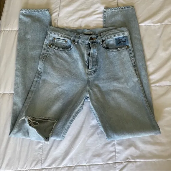 Saint Laurent distressed embroidered denim