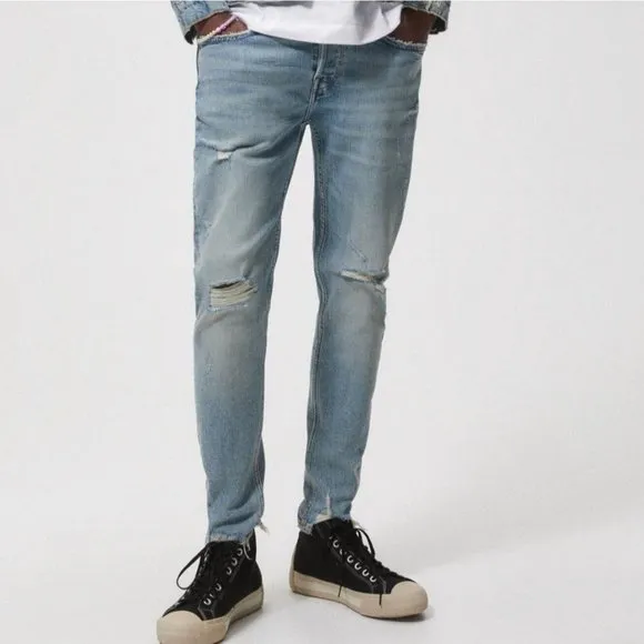 Zara Sz 30 Mens Ripped Skinny Jeans Raw Hem Distressed