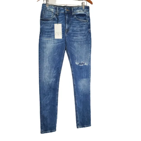 New ZARA Blue Distressed Paint Splatter Skinny Denim Jeans Men's Size 29
          
      NWT