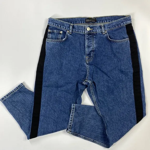 Zara Man Medium Wash Tuxedo Style Stripe Skinny Pants Button Fly Size 32x26