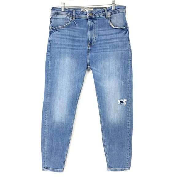 Zara Men's Size 34 X 26 Slim Fit Jeans Distressed Light Wash Blue Stretch