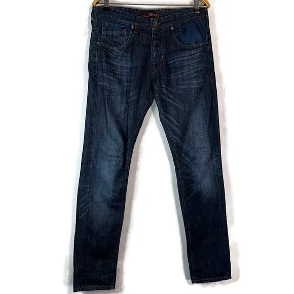 Zara Man Denim Collection Men's Dark Wash Distressed Button Fly Jeans W31xL31.5