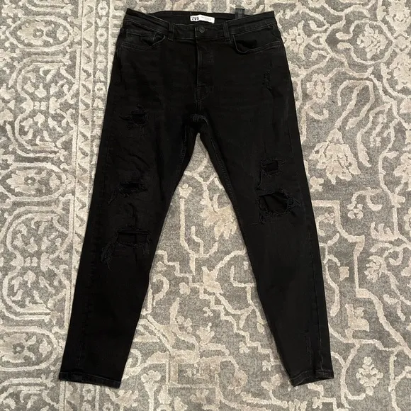 ZARA Black Denim Ripped Jeans