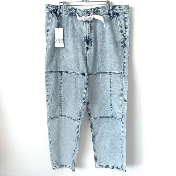 Zara Relaxed Denim Jeans NEW Mens XL waist 39 Stonewashed Patchwork Pull on