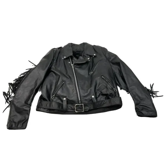 Vintage Brooks Black Leather Motorcycle Jacket Mens 52 USA Zip out liner Fringe