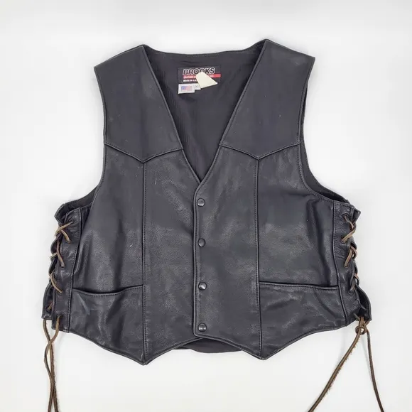 Brooks Genuine Leather Motorcycle Moto Vest Sleeveless Jacket Snap Lace Up XL