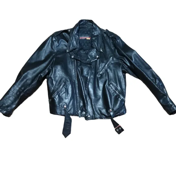Vintage Brooks HARLEY Belted Leather Zip Biker Coat large Eagle Patch