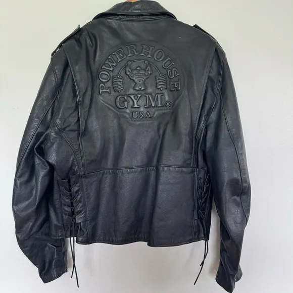 Vintage Brooks Leather Jacket Adult XL Powerhouse Gym Logo Motorcycle Biker Mens