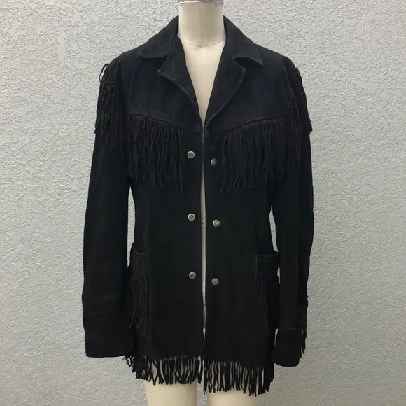 Schott Sportswear Men’s Black Suede Leather Fringed Snap Western Jacket 38 USA