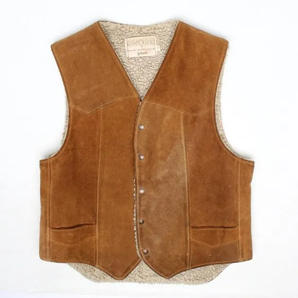VTG Schott NYC Rancher Vest 42 Leather Sherpa Linined Snap Front Western Style