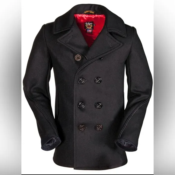 Schott NYC Leather Trimmed Pea coat-Red satin lining
